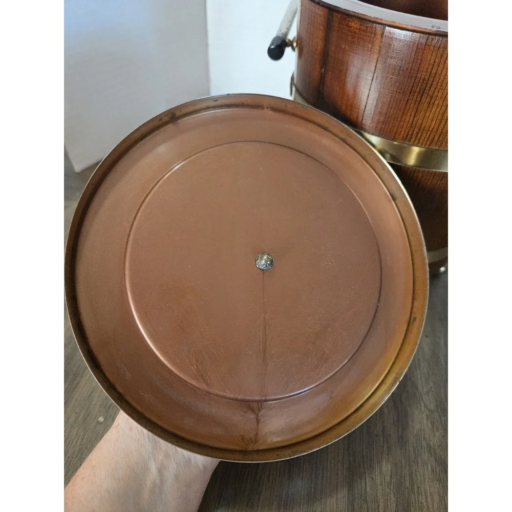 vintage Jerywil wood and brass-accented footed ice bucket from the 1970s